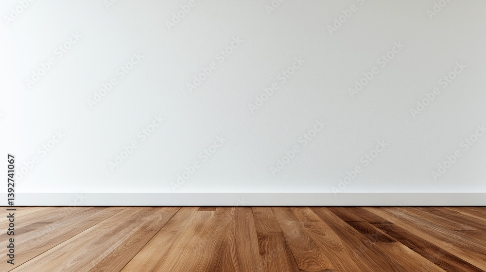 Simple wooden floor and plain white wall in a spacious interior design setting for modern aesthetics.