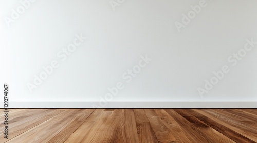Obraz na płótnie Simple wooden floor and plain white wall in a spacious interior design setting for modern aesthetics. w salonie