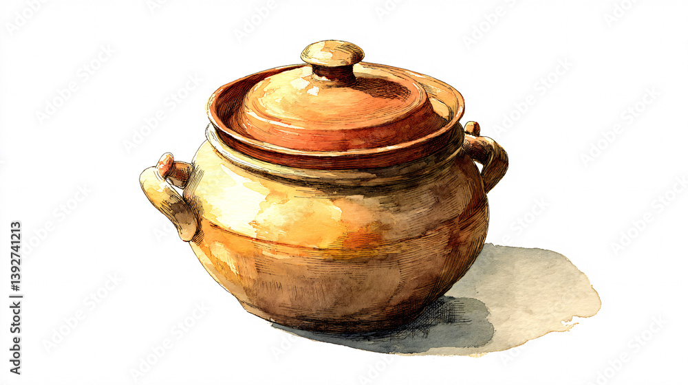 A classic earthenware pot, complete with a lid, used for traditional cooking methods and representing a cultural style of cuisine. A classic earthenware pot, complete with a lid, used for traditional cooking methods and representing a cultural style of cuisine.