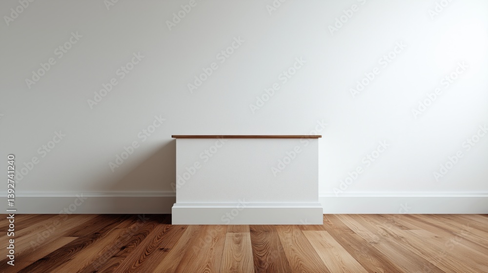 Minimalist interior design featuring a simple white wall and wooden flooring with a low ledge.