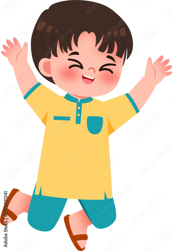 Joyful Boy in Yellow Kurta Jumping with Open Arms Joyful Boy in Yellow Kurta Jumping with Open Arms