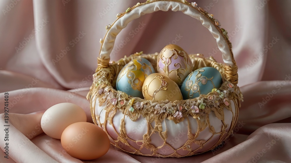 Unusual and vibrant Easter egg basket in macro photography, featuring bright colors, textures, and a festive atmosphere. Perfect as a background or decorative base.