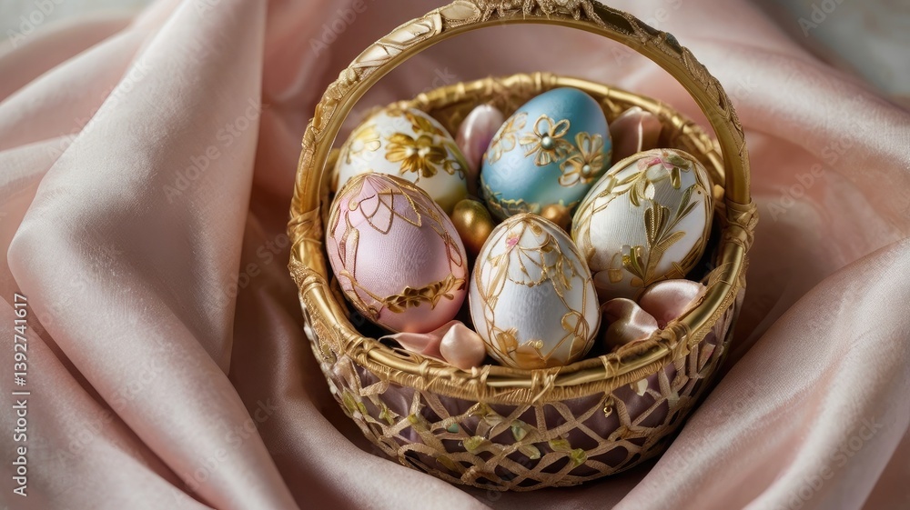 Unusual and vibrant Easter egg basket in macro photography, featuring bright colors, textures, and a festive atmosphere. Perfect as a background or decorative base.