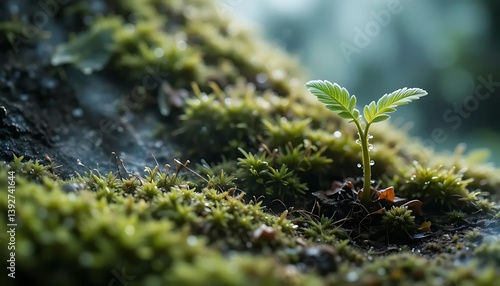 Tiny sprout emerging from moss-covered ground, symbolizing growth and renewal.
