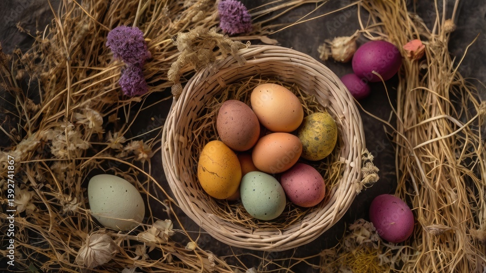 Unusual and vibrant Easter egg basket in macro photography, featuring bright colors, textures, and a festive atmosphere. Perfect as a background or decorative base.