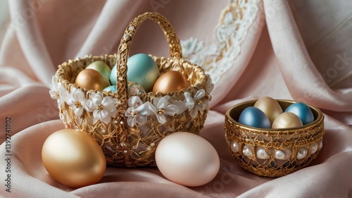 Unusual and vibrant Easter egg basket in macro photography, featuring bright colors, textures, and a festive atmosphere. Perfect as a background or decorative base.
