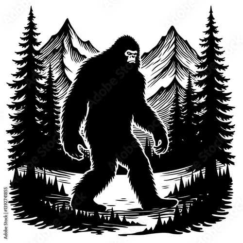 bold bigfoot silhouette svg for t-shirts, clean black sasquatch vector clipart, bigfoot walking silhouette for cricut designs, minimalist bigfoot design for decals and prints, sharp black bigfoot clip