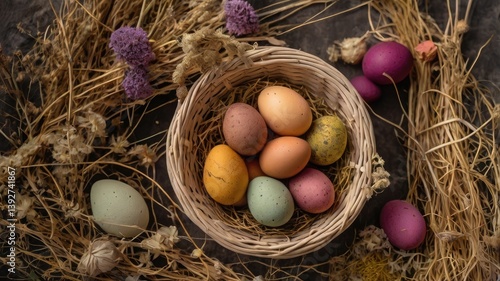 Obraz na płótnie Unusual and vibrant Easter egg basket in macro photography, featuring bright colors, textures, and a festive atmosphere. Perfect as a background or decorative base. w salonie