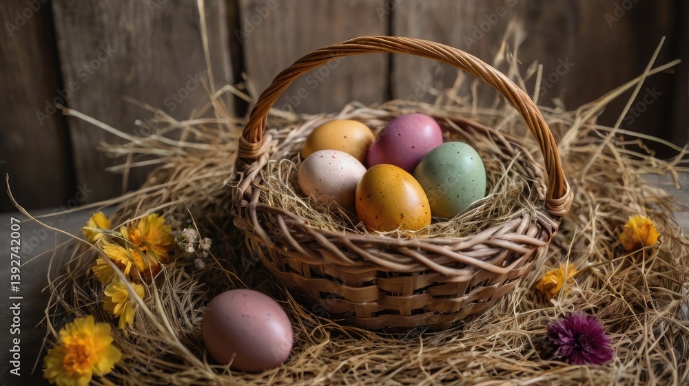 Unusual and vibrant Easter egg basket in macro photography, featuring bright colors, textures, and a festive atmosphere. Perfect as a background or decorative base.