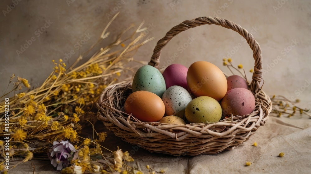 Unusual and vibrant Easter egg basket in macro photography, featuring bright colors, textures, and a festive atmosphere. Perfect as a background or decorative base.