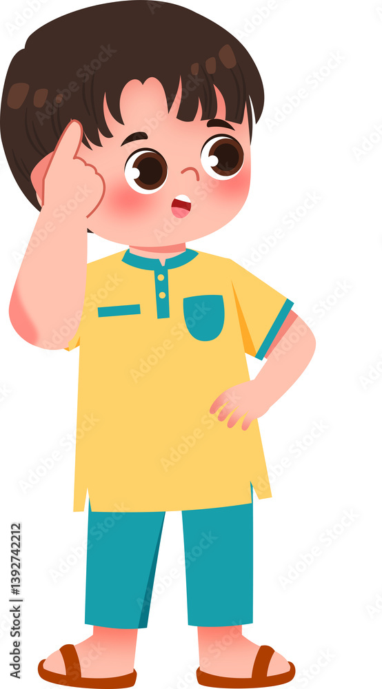 Thoughtful Young Boy in Yellow Kurta and Teal Pants, Hand on Head Thoughtful Young Boy in Yellow Kurta and Teal Pants, Hand on Head