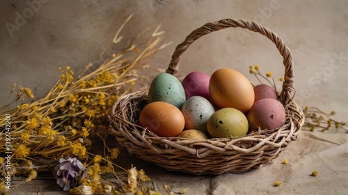 Obraz na płótnie Unusual and vibrant Easter egg basket in macro photography, featuring bright colors, textures, and a festive atmosphere. Perfect as a background or decorative base. w salonie