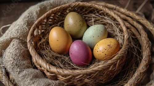 Unusual and vibrant Easter egg basket in macro photography, featuring bright colors, textures, and a festive atmosphere. Perfect as a background or decorative base.