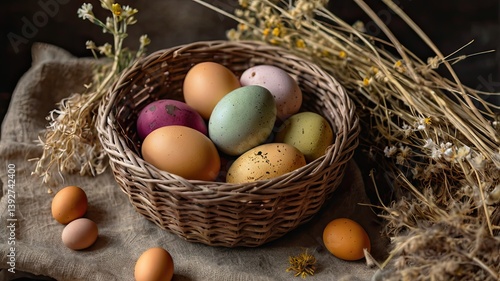 Unusual and vibrant Easter egg basket in macro photography, featuring bright colors, textures, and a festive atmosphere. Perfect as a background or decorative base.