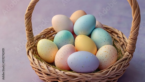 Unusual and vibrant Easter egg basket in macro photography, featuring bright colors, textures, and a festive atmosphere. Perfect as a background or decorative base.