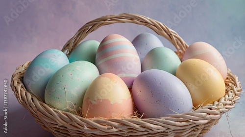 Unusual and vibrant Easter egg basket in macro photography, featuring bright colors, textures, and a festive atmosphere. Perfect as a background or decorative base.