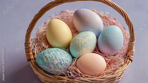 Unusual and vibrant Easter egg basket in macro photography, featuring bright colors, textures, and a festive atmosphere. Perfect as a background or decorative base.