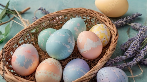 Unusual and vibrant Easter egg basket in macro photography, featuring bright colors, textures, and a festive atmosphere. Perfect as a background or decorative base.