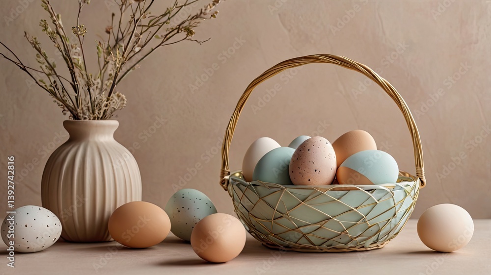 Unusual and vibrant Easter egg basket in macro photography, featuring bright colors, textures, and a festive atmosphere. Perfect as a background or decorative base.