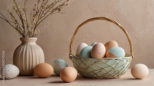 Obraz na płótnie Unusual and vibrant Easter egg basket in macro photography, featuring bright colors, textures, and a festive atmosphere. Perfect as a background or decorative base. w salonie