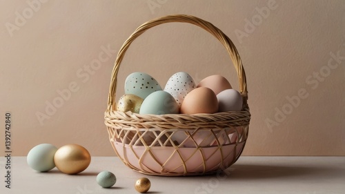 Unusual and vibrant Easter egg basket in macro photography, featuring bright colors, textures, and a festive atmosphere. Perfect as a background or decorative base.