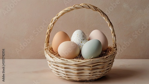 Unusual and vibrant Easter egg basket in macro photography, featuring bright colors, textures, and a festive atmosphere. Perfect as a background or decorative base.