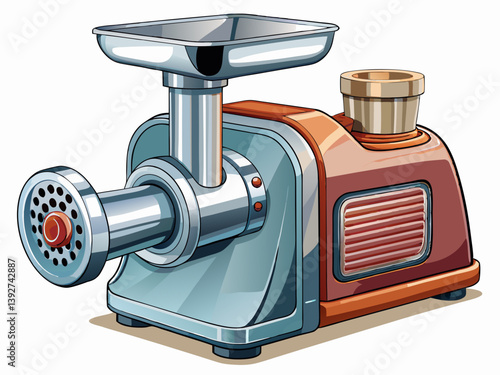 A vector illustration of a heavy-duty electric meat grinder with stainless steel blades, isolated on a white background