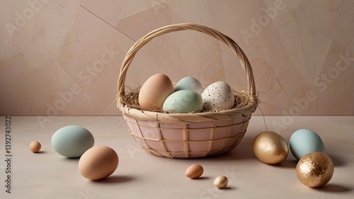 Unusual and vibrant Easter egg basket in macro photography, featuring bright colors, textures, and a festive atmosphere. Perfect as a background or decorative base.