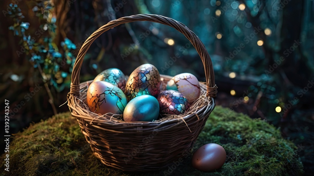 Unusual and vibrant Easter egg basket in macro photography, featuring bright colors, textures, and a festive atmosphere. Perfect as a background or decorative base.