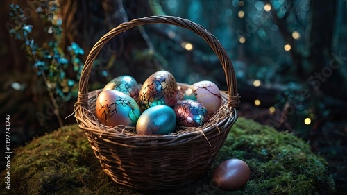 Obraz na płótnie Unusual and vibrant Easter egg basket in macro photography, featuring bright colors, textures, and a festive atmosphere. Perfect as a background or decorative base. w salonie