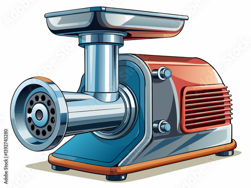 A vector illustration of a heavy-duty electric meat grinder with stainless steel blades, isolated on a white background