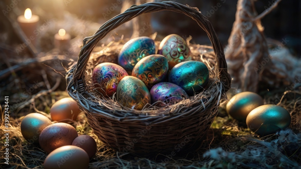 Unusual and vibrant Easter egg basket in macro photography, featuring bright colors, textures, and a festive atmosphere. Perfect as a background or decorative base.
