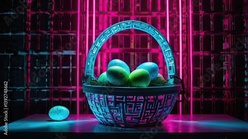Unusual and vibrant Easter egg basket in macro photography, featuring bright colors, textures, and a festive atmosphere. Perfect as a background or decorative base.
