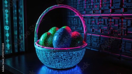 Unusual and vibrant Easter egg basket in macro photography, featuring bright colors, textures, and a festive atmosphere. Perfect as a background or decorative base.