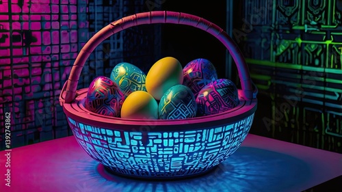 Unusual and vibrant Easter egg basket in macro photography, featuring bright colors, textures, and a festive atmosphere. Perfect as a background or decorative base.