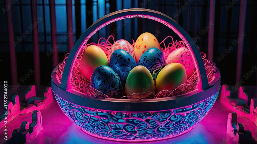 Unusual and vibrant Easter egg basket in macro photography, featuring bright colors, textures, and a festive atmosphere. Perfect as a background or decorative base.