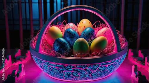 Obraz na płótnie Unusual and vibrant Easter egg basket in macro photography, featuring bright colors, textures, and a festive atmosphere. Perfect as a background or decorative base. w salonie