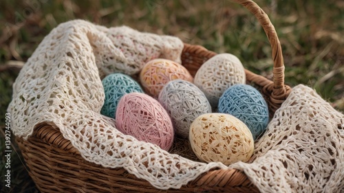 Unusual and vibrant Easter egg basket in macro photography, featuring bright colors, textures, and a festive atmosphere. Perfect as a background or decorative base.