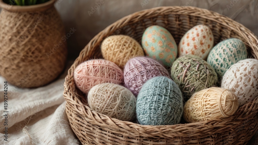 Unusual and vibrant Easter egg basket in macro photography, featuring bright colors, textures, and a festive atmosphere. Perfect as a background or decorative base.
