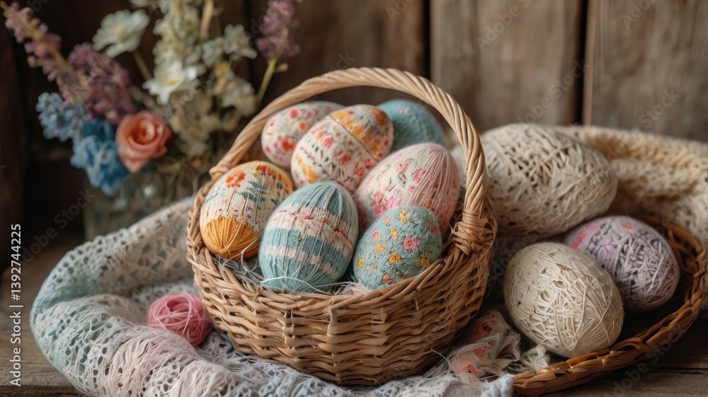 Unusual and vibrant Easter egg basket in macro photography, featuring bright colors, textures, and a festive atmosphere. Perfect as a background or decorative base.