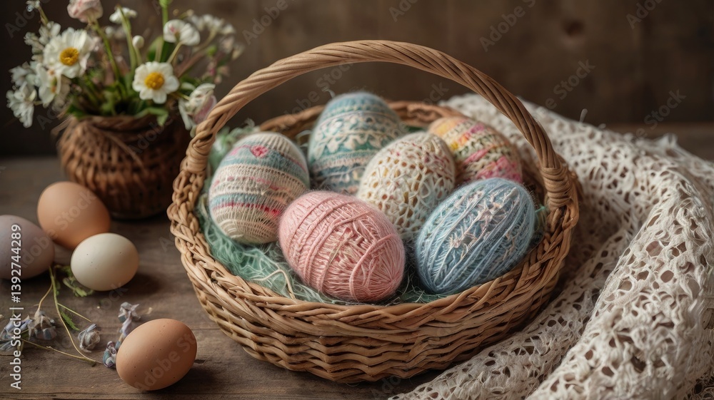 Unusual and vibrant Easter egg basket in macro photography, featuring bright colors, textures, and a festive atmosphere. Perfect as a background or decorative base.