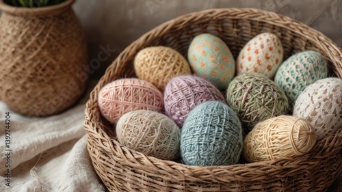 Obraz na płótnie Unusual and vibrant Easter egg basket in macro photography, featuring bright colors, textures, and a festive atmosphere. Perfect as a background or decorative base. w salonie