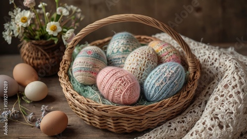 Obraz na płótnie Unusual and vibrant Easter egg basket in macro photography, featuring bright colors, textures, and a festive atmosphere. Perfect as a background or decorative base. w salonie