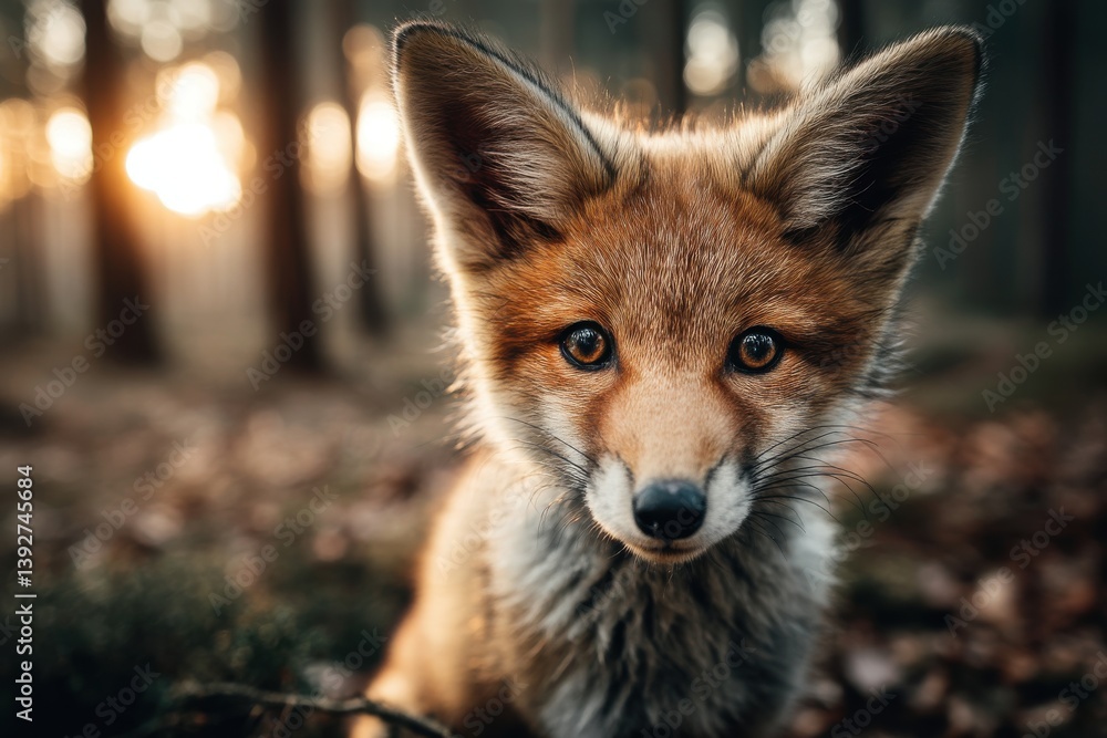 Fototapeta premium Intimate portrait of a red fox in a forest setting, capturing its intense gaze and the beauty of its natural habitat during sunset, showcasing wildlife.