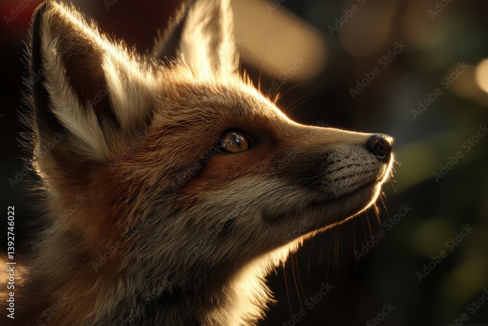 Fototapeta premium A captivating portrait of a red fox gazing upwards, bathed in golden sunlight, with a soft focus background highlighting its fur texture and curious expression.