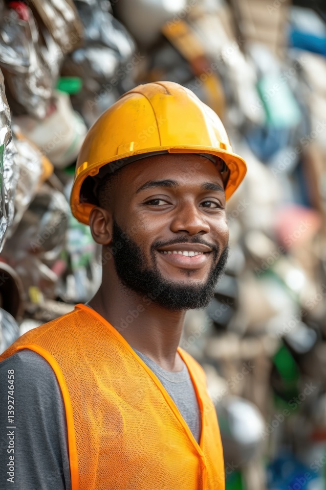Worker working in recycling center with recyclable waste.