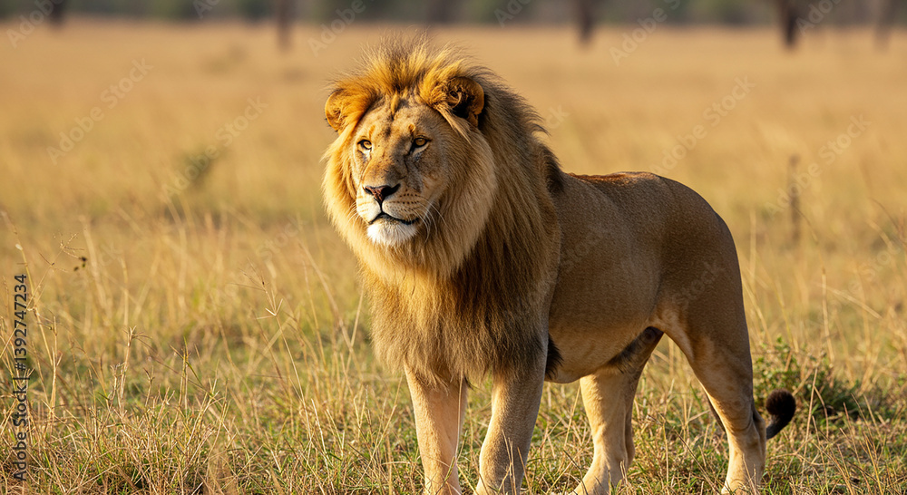 Lion standing tall in the grassy plains. Majestic male lion with golden mane surveys his territory. Big cat enjoying the sunshine in its natural habitat. African wildlife picture. Lion standing tall in the grassy plains. Majestic male lion with golden mane surveys his territory. Big cat enjoying the sunshine in its natural habitat. African wildlife picture.