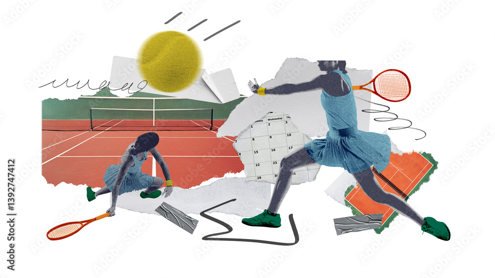 Obraz premium Poster. Contemporary art collage. Two female athletes on red court in fierce rally framed by spirals and action shadows. Concept of professional sport, tournament, energy, competition.