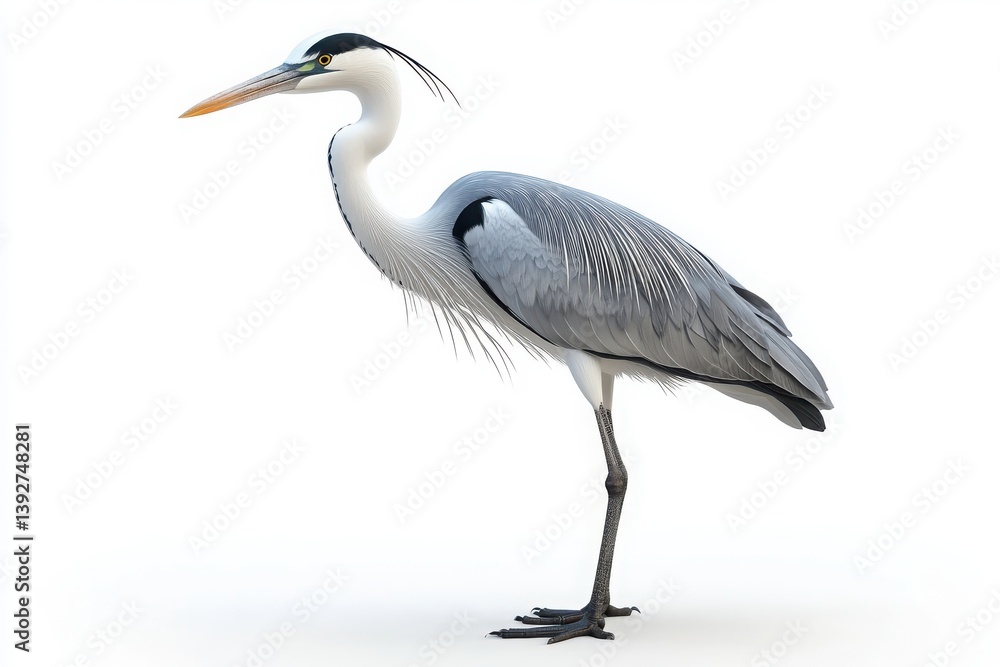 A majestic heron standing tall with its slender legs and elegant gray plumage on a white background A majestic heron standing tall with its slender legs and elegant gray plumage on a white background