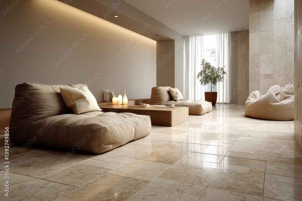 Fototapeta premium Elegant Beige Modular Tiles in Modern Living Room Floor Design